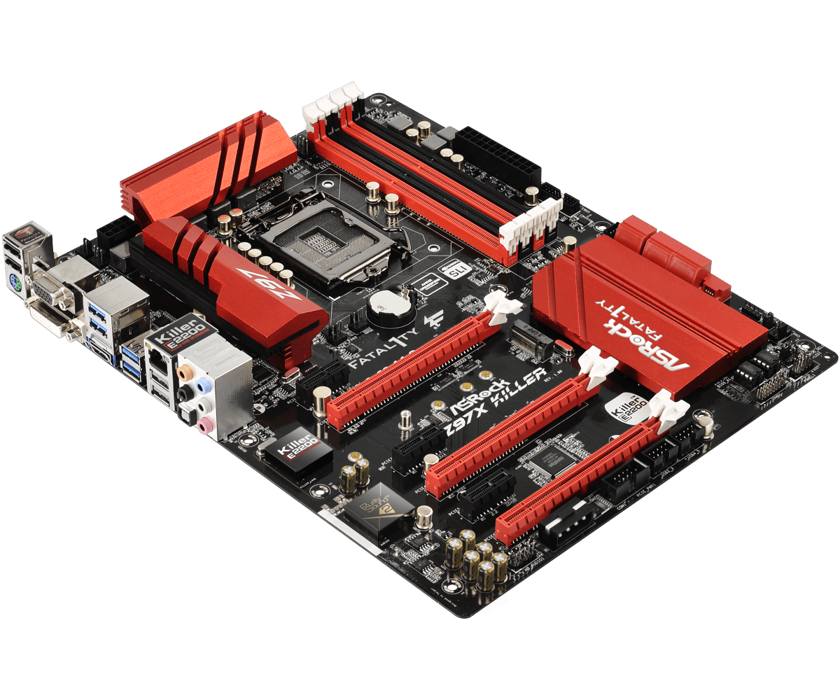 ASRock Fatal1ty Z97X Killer socket 1150 moederbord - bovenaanzicht met rode RAM-geheugenmodules, CPU-socket, PCI-Express slots en I/O-poorten