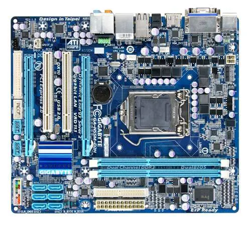 Gigabyte H55M-D2H LGA1156 Motherboard front view showing blue circuit board with CPU socket, RAM slots, expansion slots, chipset, capacitors, and various connectors