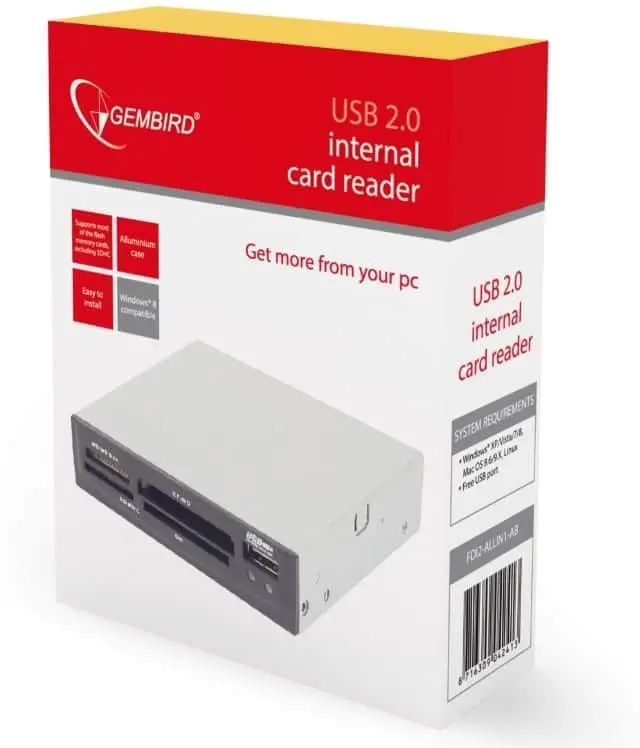 Gembird USB 2.0 internal card reader product packaging box front view showing the device and key features