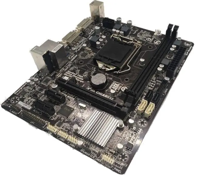 Gigabyte GA-H81M-D2W socket 1150 moederbord, bovenaanzicht met zichtbare CPU-socket, VRM-voeding, RAM-slots, SATA-aansluitingen en I/O-paneel