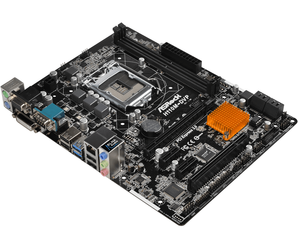 ASRock H110M-DVP socket 1151 moederbord - bovenaanzicht met zichtbare CPU-socket, RAM-slots, uitbreidingsslots en oranje koellichaam