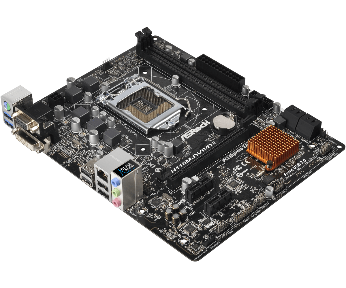 ASRock H110M-DVS/D3 motherboard top view showing CPU socket, RAM slots, PCIe slots, power connectors, and I/O ports