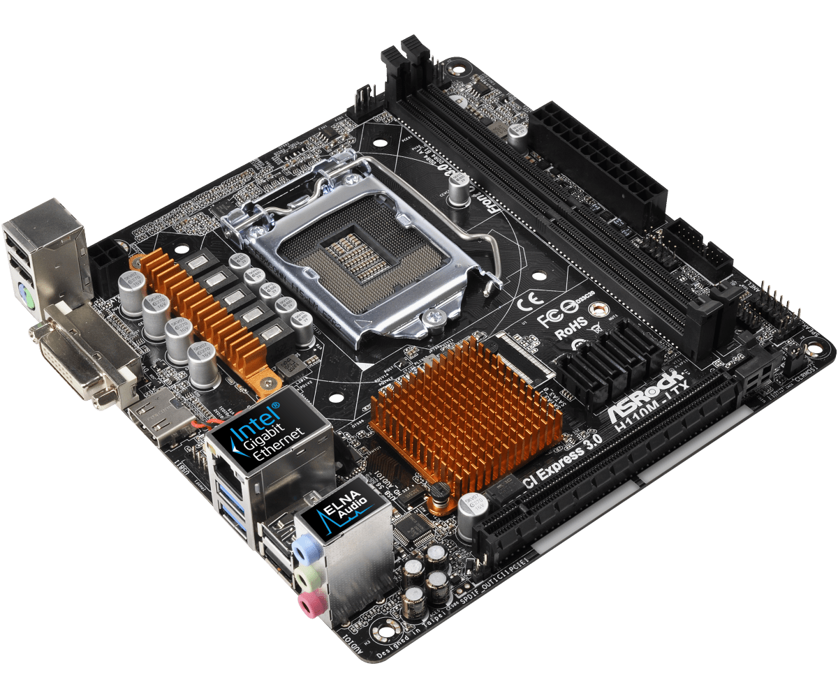 ASRock H110M-ITX socket 1151 moederbord - bovenaanzicht met CPU-socket, RAM-sloten, PCI Express slots en externe aansluitingen zichtbaar