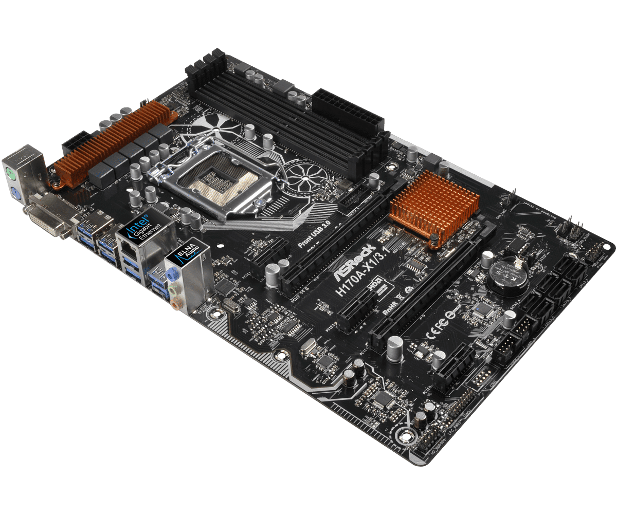 ASRock H170A-X1/3.1 motherboard top view showing CPU socket, RAM slots, heatsinks, and rear I/O ports