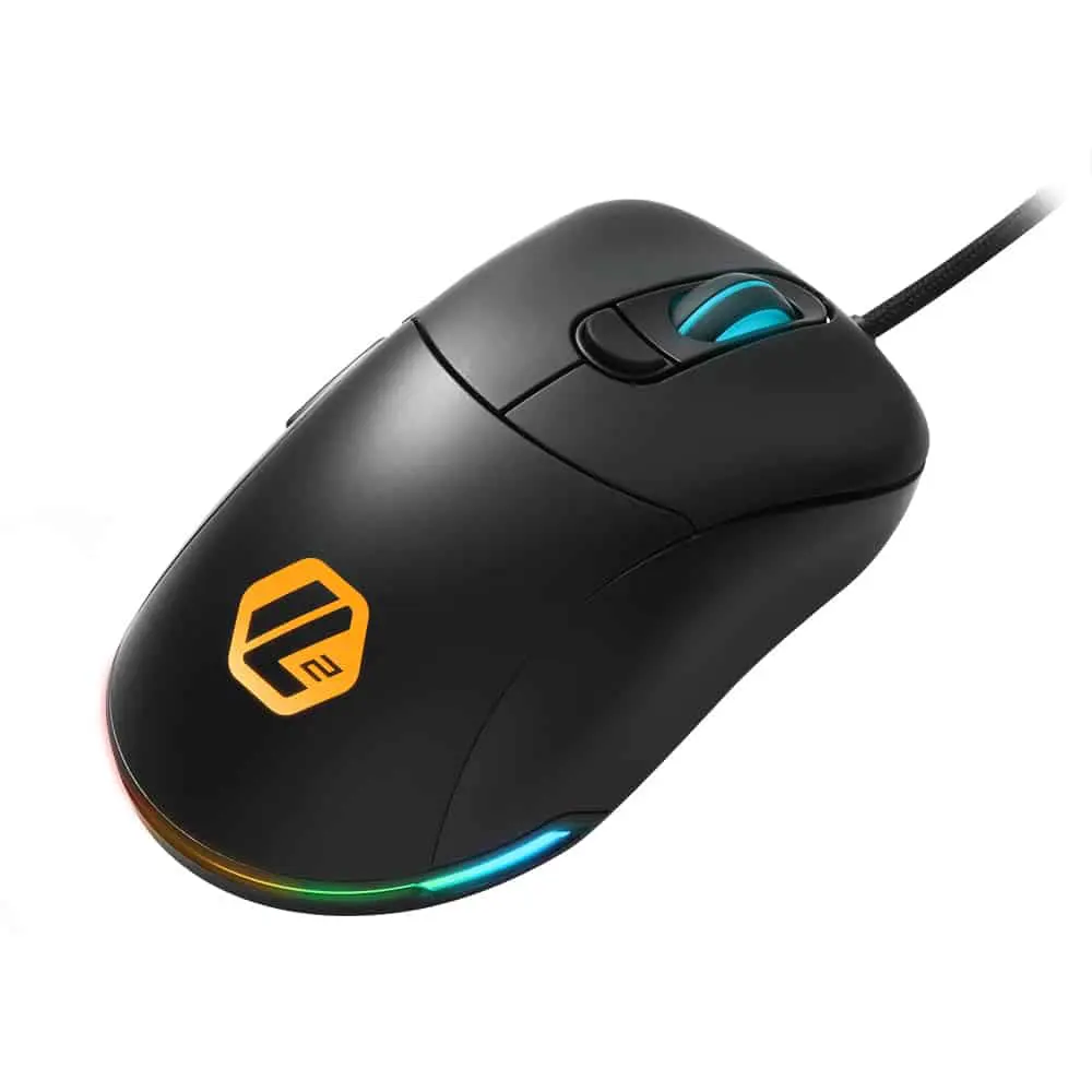 Sharkoon Light2 100 gaming mouse with wired cable, shown from angled side view displaying the yellow logo, blue scroll wheel, and RGB lighting strip along the base
