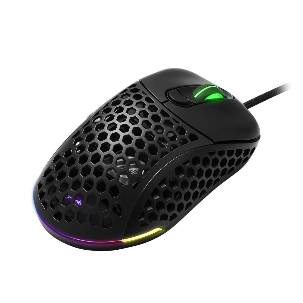 Sharkoon Light2 200 gaming mouse shown from the side angle, displaying its honeycomb shell design with green LED on top, purple and yellow RGB lighting accents on the sides, and braided cable