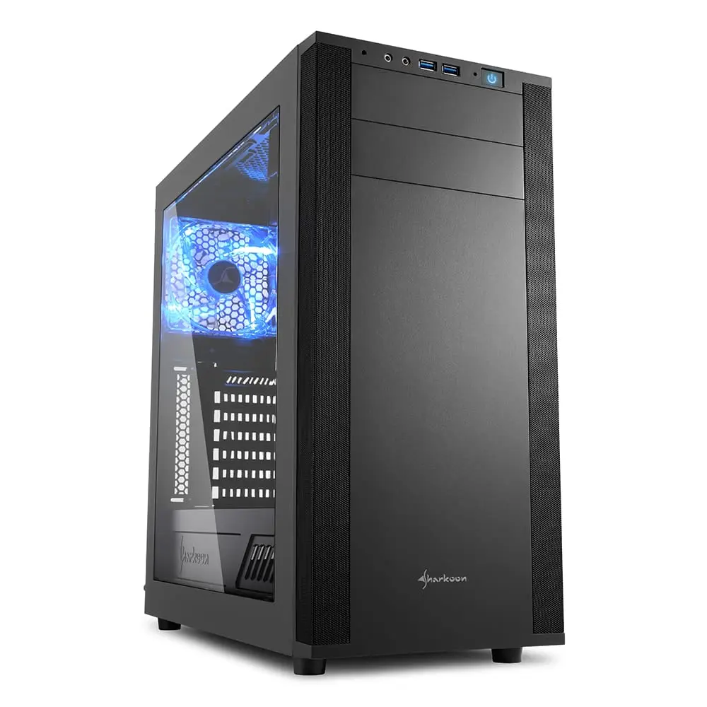 Sharkoon M25-W 7.1 computer case front view showing black mid-tower chassis with tempered glass side panel, blue LED fan, mesh ventilation panels, front I/O ports, and power button
