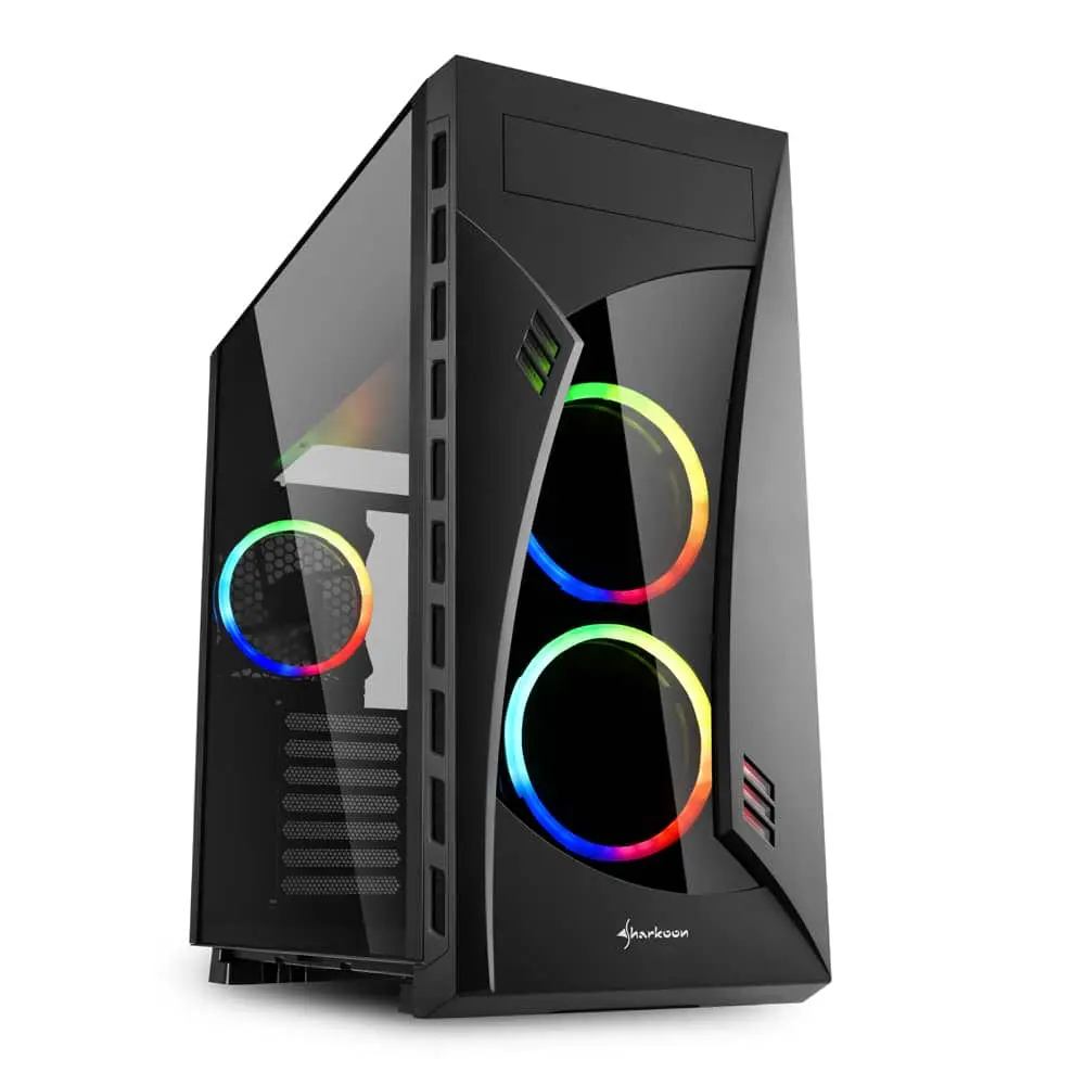 Sharkoon NightShark RGB Computer case front view with three RGB LED fans displaying multi-colored lighting effects