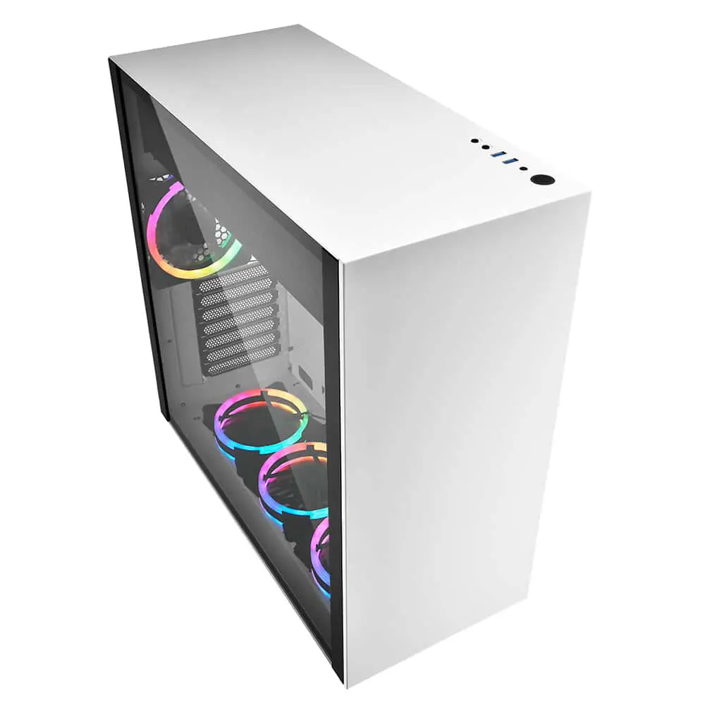 Sharkoon PureSteel White RGB computer case - front view with open side panel showing interior with RGB fans and cable management