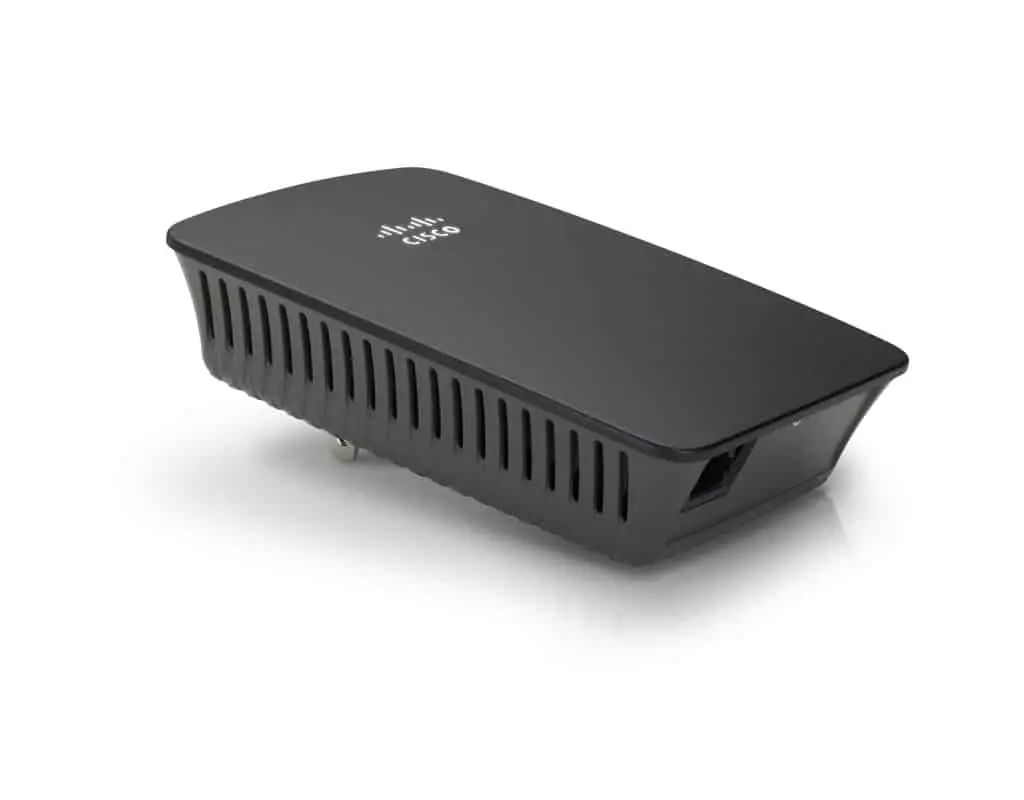 Linksys RE1000 Wireless-N Range Extender, perspectief aanzicht met zichtbare ventilatiesleuven aan voorkant