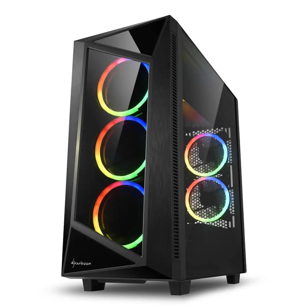 Sharkoon REV200 computer case front view with RGB illuminated fans on tempered glass side panel and front intake fans
