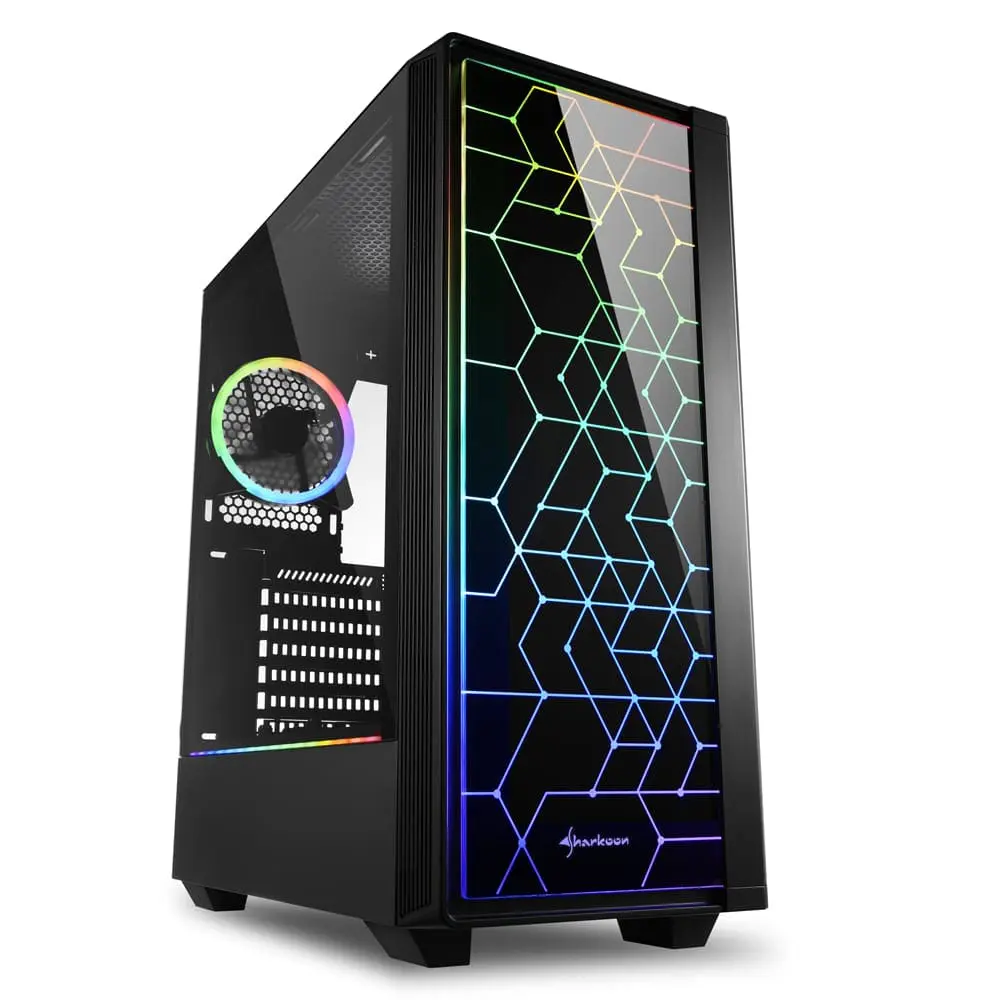 Sharkoon RGB LIT100 computer case front view with illuminated tempered glass panel displaying geometric hexagon pattern, RGB front fan with rainbow lighting, and perforated side panel