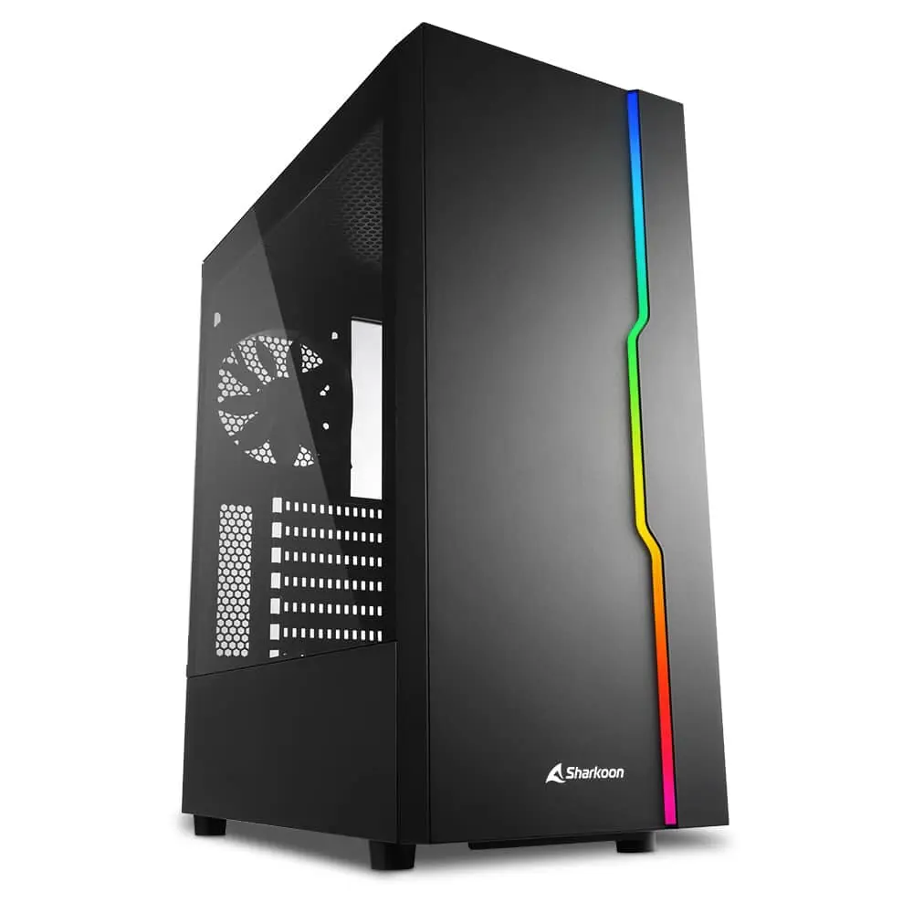 Sharkoon RGB Slider computer case front view showing black chassis with tempered glass side panel, mesh ventilation, and RGB lighting strip running vertically down the front in blue, cyan, green, yellow, orange and red colors