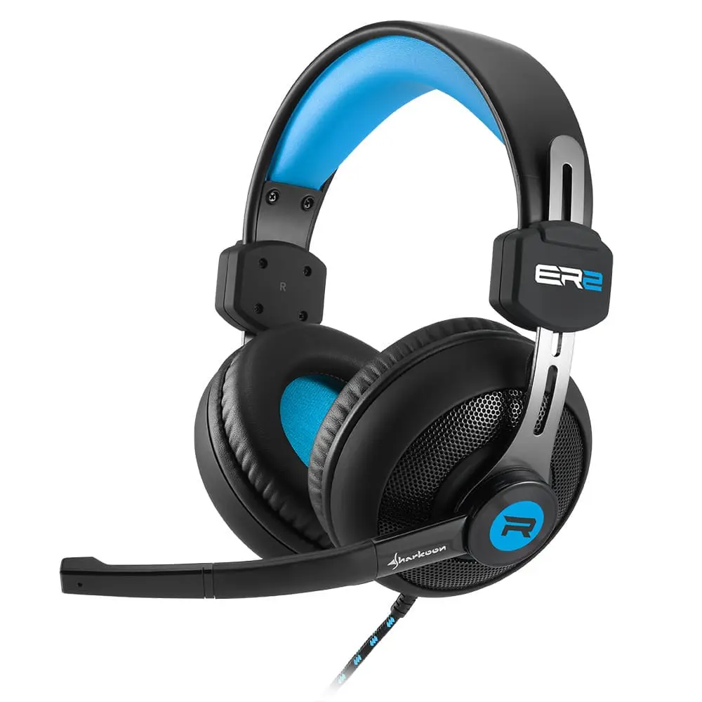 Sharkoon Rush ER2 Gaming Headset Blue, front view showing black ear cups with blue accents, blue padded headband, attached microphone boom, and braided cable