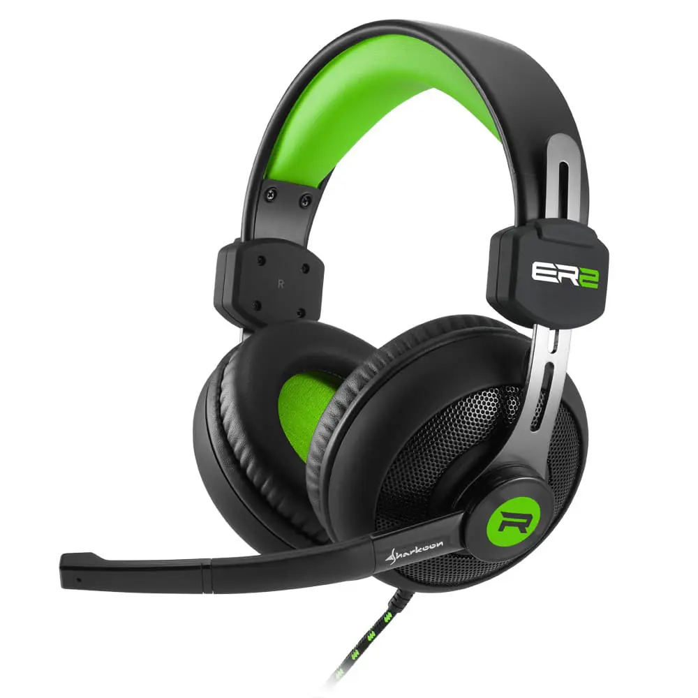 Sharkoon Rush ER2 Gaming Headset Green, front view showing black and green over-ear design with boom microphone, illuminated ear cups, and braided cable