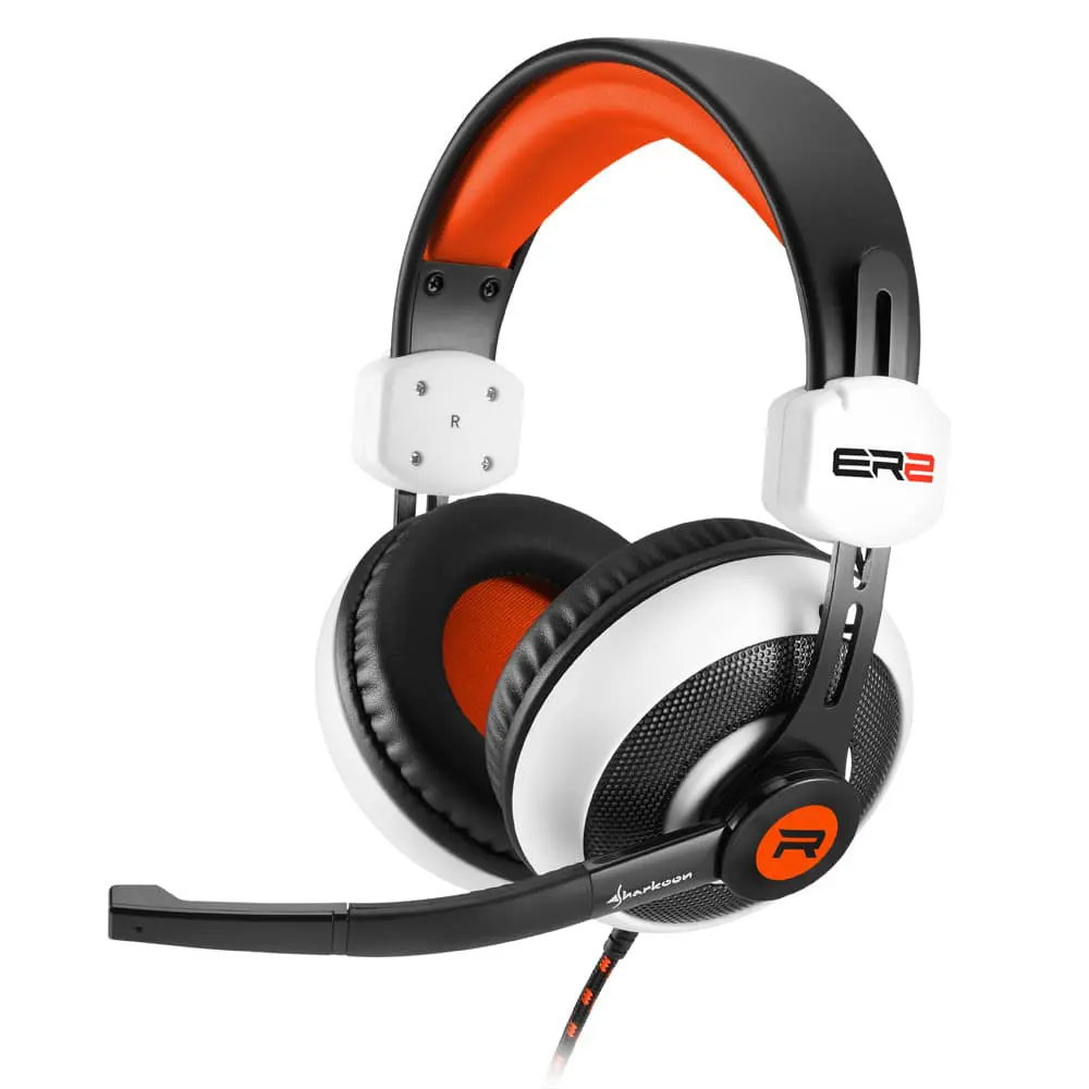 Sharkoon Rush ER2 Gaming Headset White, front view showing black and white over-ear design with orange accents, detachable microphone boom, and red braided cable
