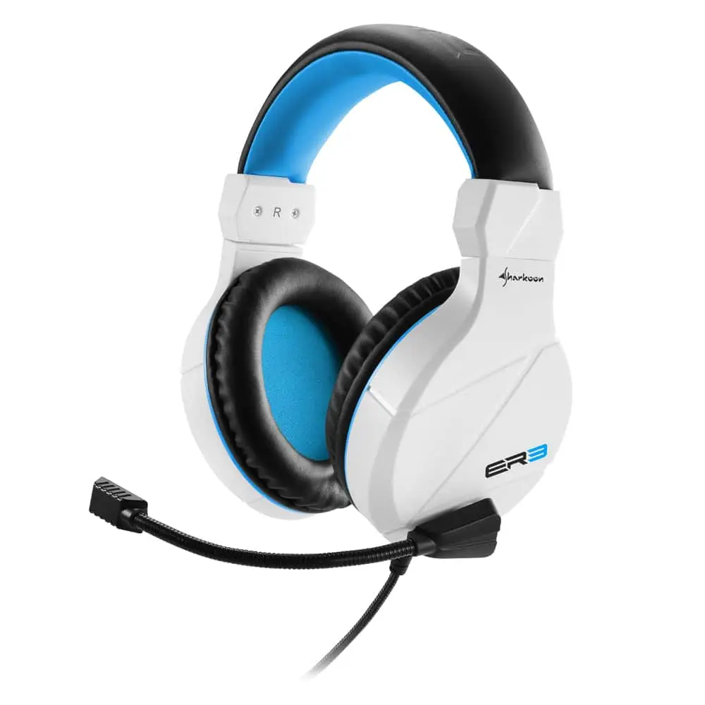 Sharkoon Rush ER3 Gaming Headset White, front view showing white ear cups with blue accents, black ear pads, blue inner headband, and detachable black microphone boom