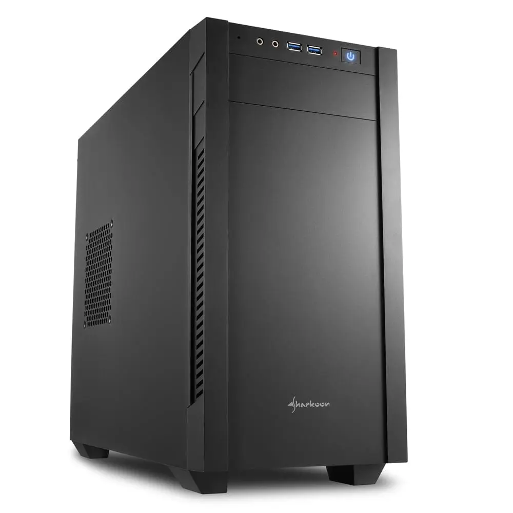 Sharkoon S1000 Computer case, front view showing black steel chassis with ventilation grilles, front I/O panel with USB 3.0 ports and power button, and rubber feet