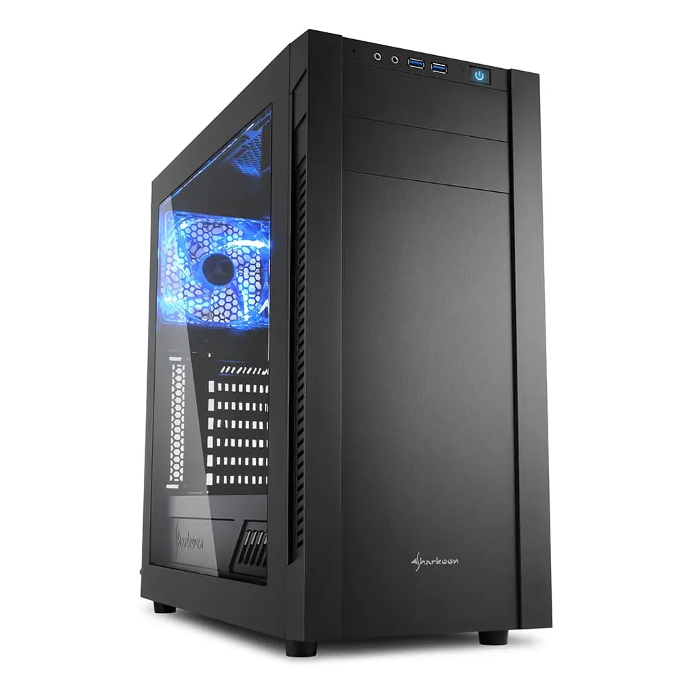 Sharkoon S25-W Computer case front view with tempered glass side panel, blue LED fan lighting, and front I/O ports visible