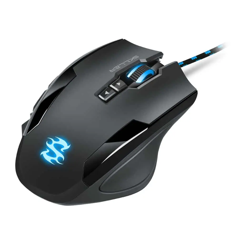 Sharkoon SKILLER SGM1 gaming mouse, right side angled view showing blue illuminated tribal logo on side, blue accented buttons, and braided cable