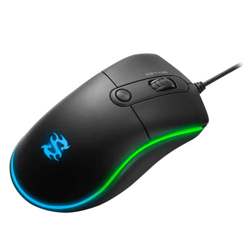 Sharkoon SKILLER SGM2 Gaming mouse with illuminated side grip in blue and green LED lighting, shown from right side angle