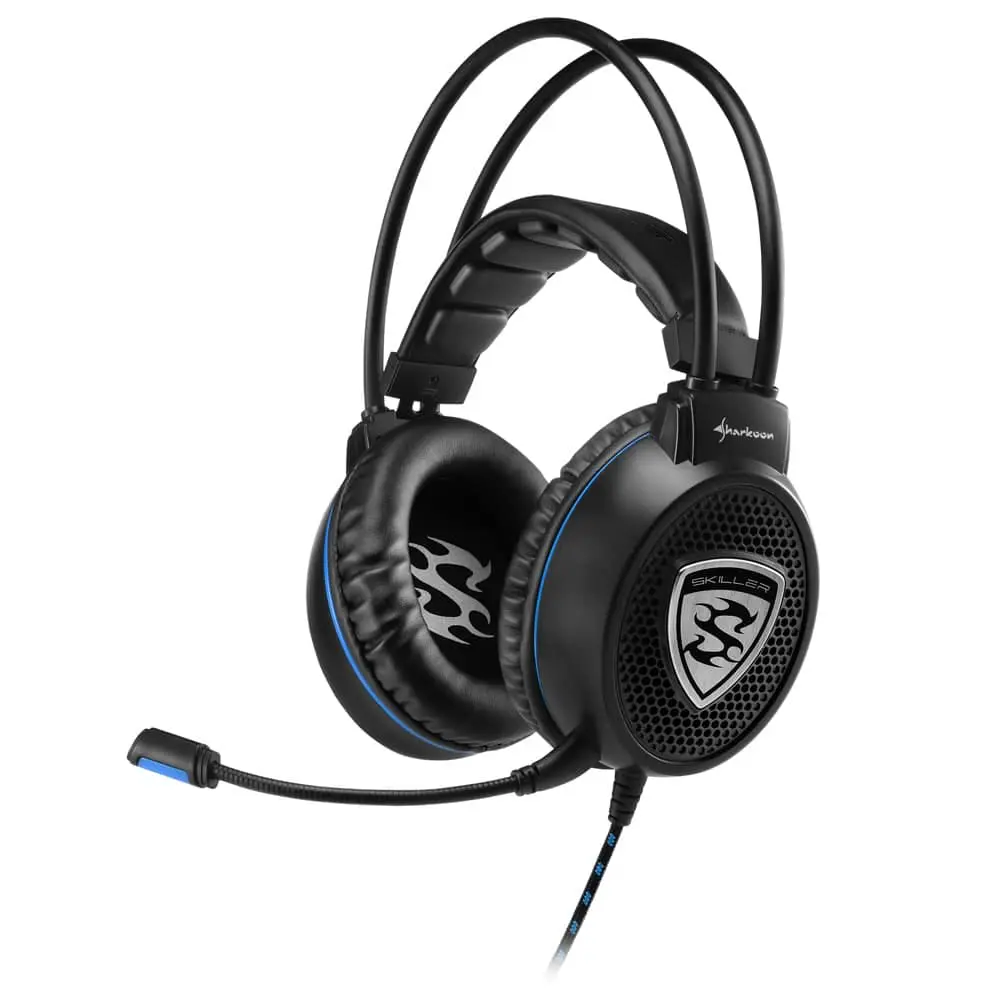 Sharkoon SKILLER SGH1 Gaming headset front view showing black over-ear design with blue accent trim, perforated ear cup with shield logo, attached flexible microphone boom, and coiled cable