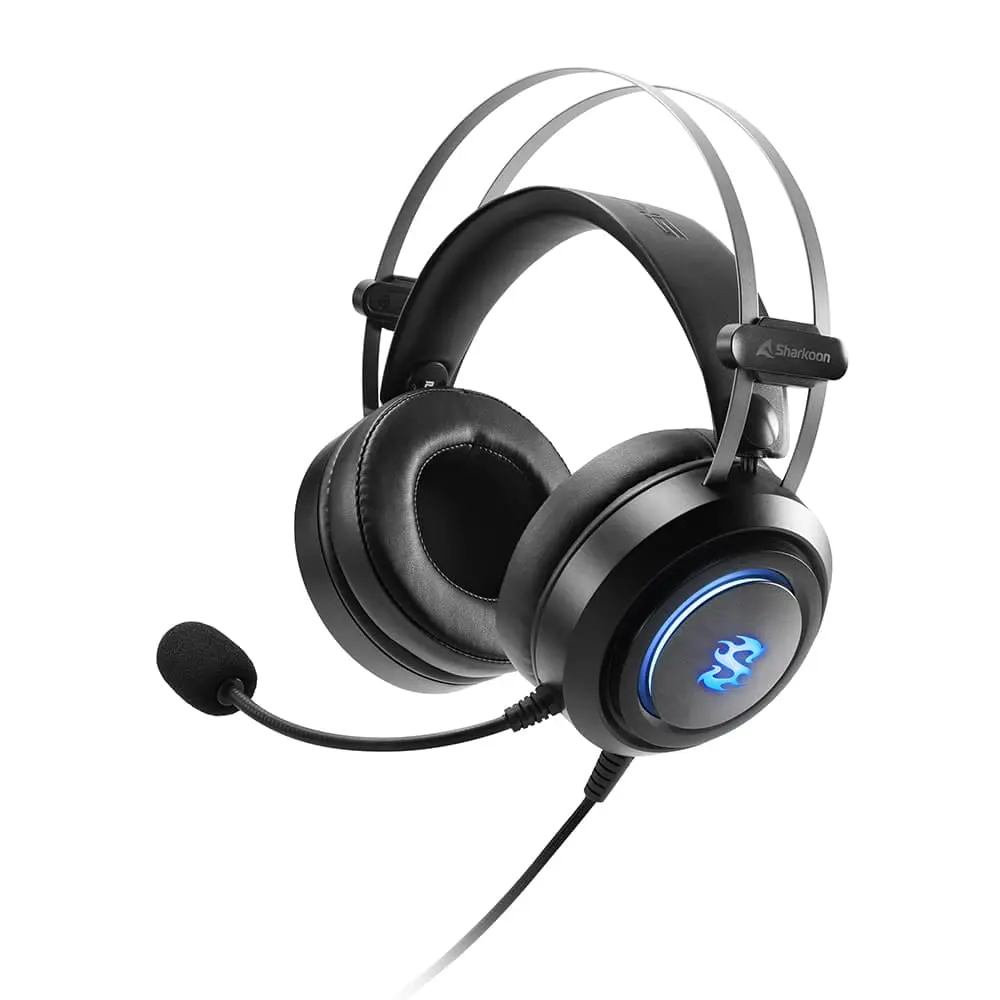 Sharkoon SKILLER SGH30 USB Gaming headset front view showing black over-ear design with gray headband, attached microphone boom, blue illuminated earcup with logo, and connected USB cable