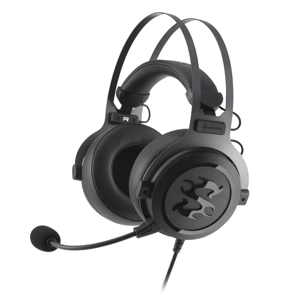 Sharkoon SKILLER SGH3 Gaming headset front view showing black over-ear design with padded ear cups, dual headband straps, flexible microphone boom, and wired connection