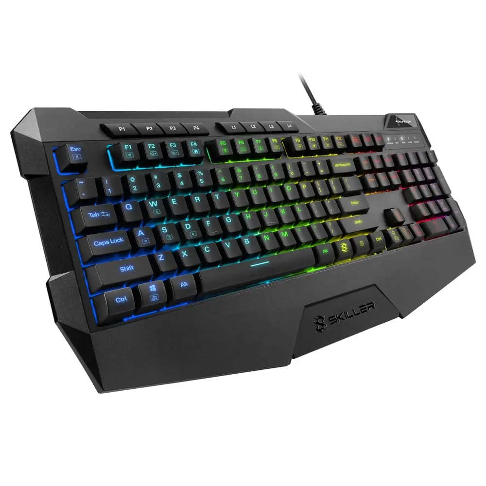 Sharkoon SKILLER SGK4 Gaming keyboard front view showing RGB backlit keys with blue, green, and red lighting zones, programmable function keys, wrist rest, and cable connection