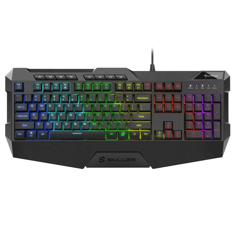 Sharkoon SKILLER SGK4 Gaming keyboard front view showing RGB-illuminated keys in blue, green, yellow, red, and purple zones with mechanical switches, wired connection, and contoured black housing with palm rest