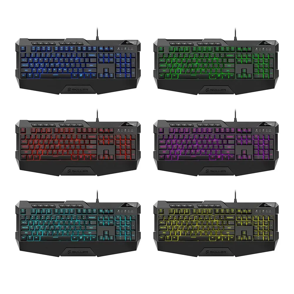 Sharkoon SKILLER SGK4 Gaming keyboard shown in six color variants with illuminated keys in blue, green, red, purple, cyan, and yellow