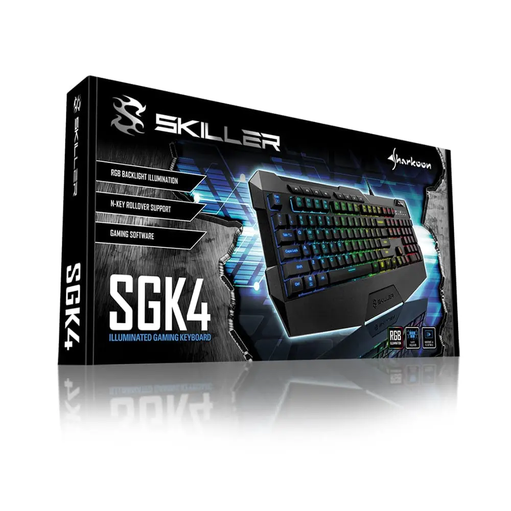 Sharkoon SKILLER SGK4 Gaming keyboard product box displayed at an angle showing the packaging front with keyboard image, featuring RGB backlight illumination, H-key rollover support, and gaming software highlighted on the left side