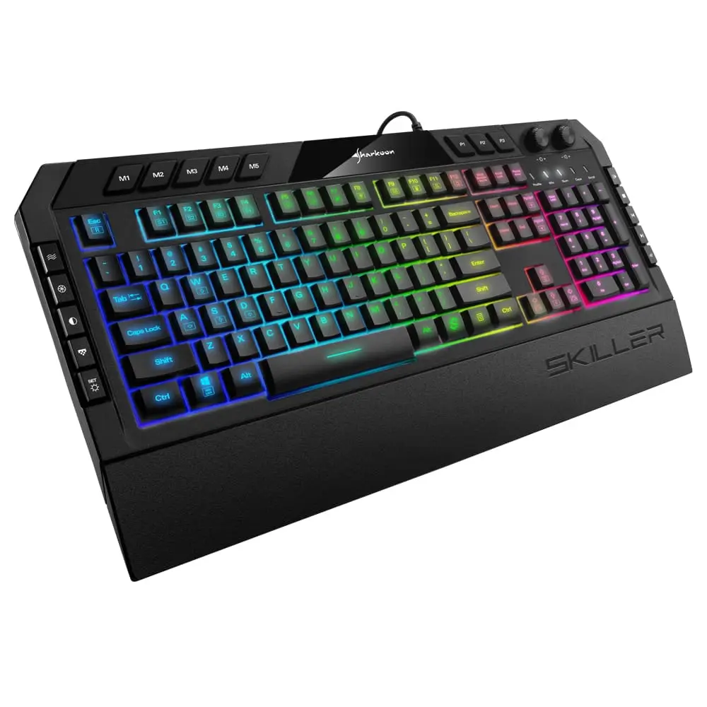 Sharkoon SKILLER SGK5 Gaming Keyboard front view showing RGB illuminated keys in blue, green, yellow, and pink gradient, with programmable macro keys on the left side and wrist rest at the bottom