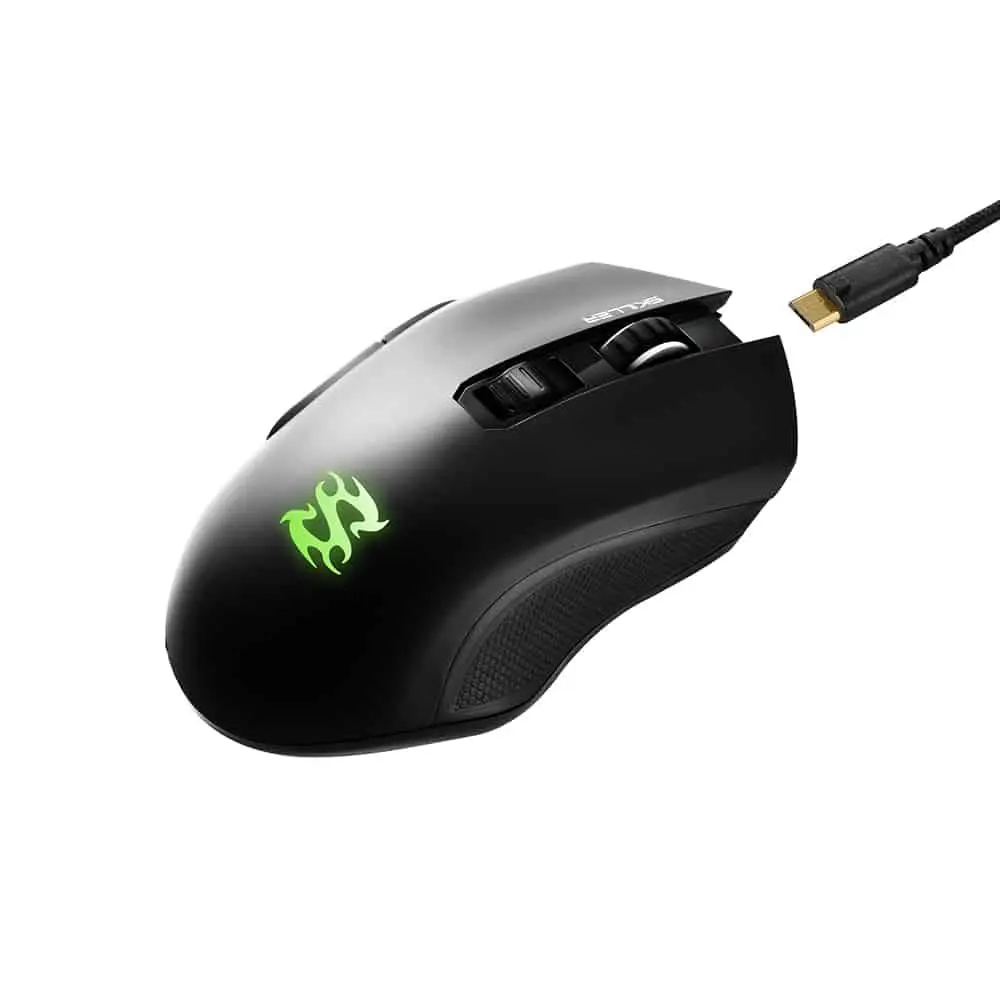 Sharkoon Skiller SGM3 Black gaming mouse with green illuminated logo, side buttons, textured grip, and attached HDMI cable, product shot on white background