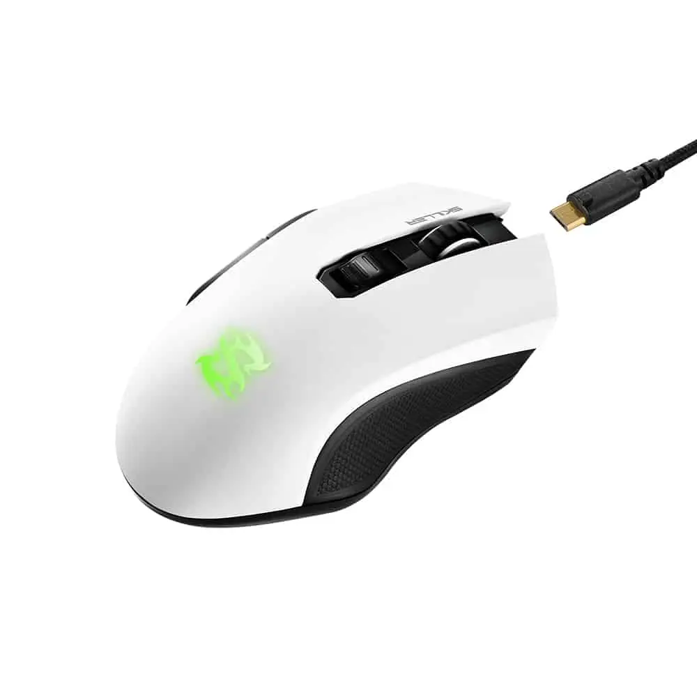 Sharkoon Skiller SGM3 White gaming mouse with side view showing green illuminated logo, black side grip, programmable side buttons, and attached USB cable with gold connector