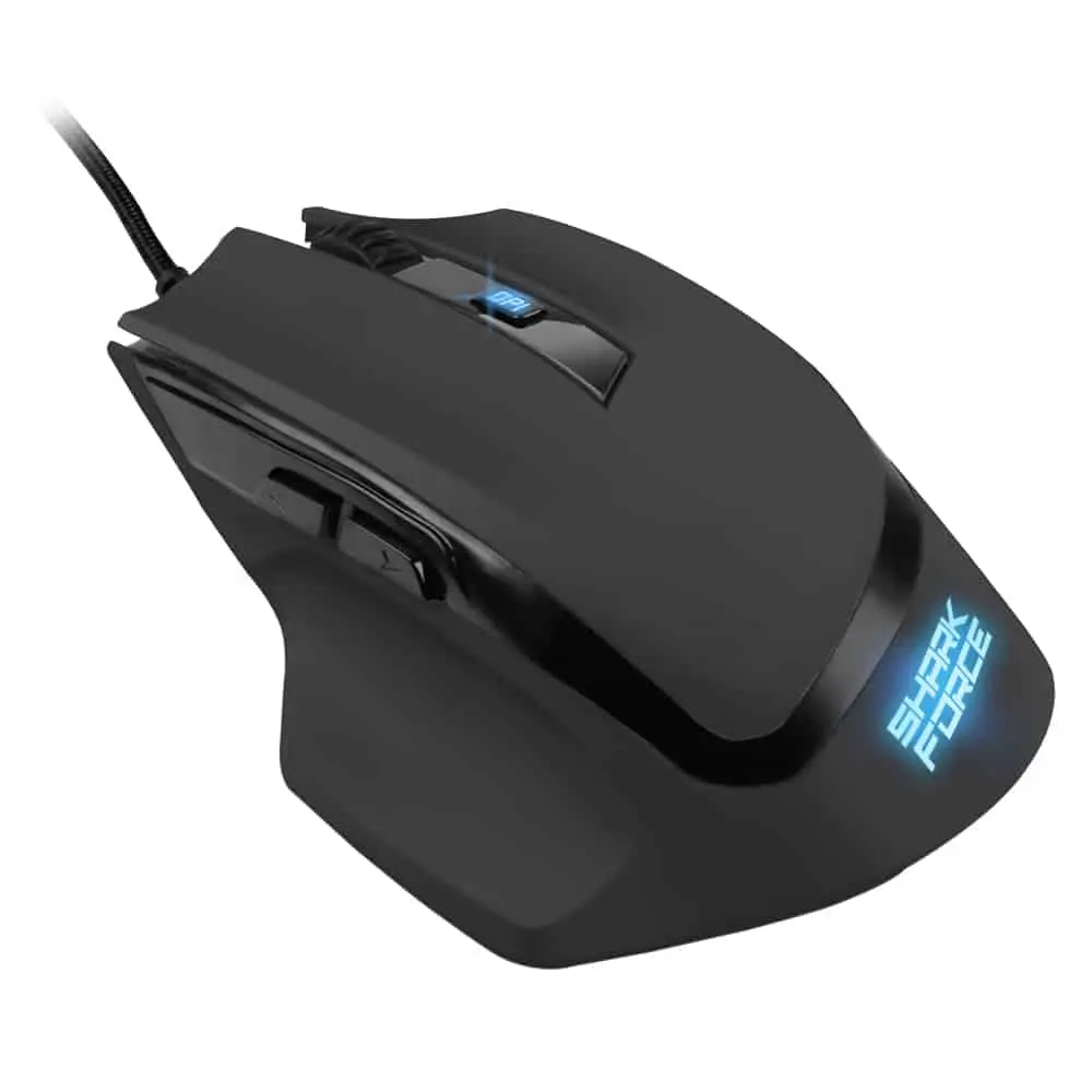 Sharkoon Shark force Game Mouse Black, angled front view showing the ergonomic right-handed design with blue illuminated buttons and cable
