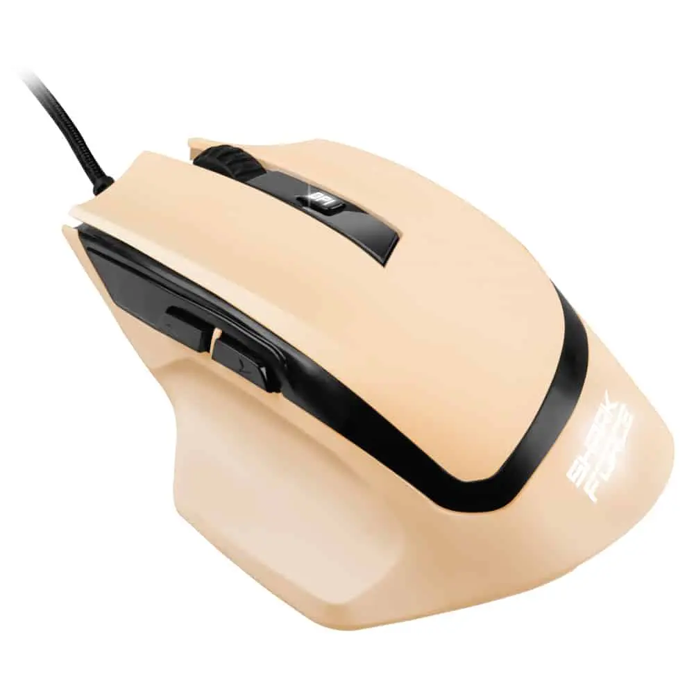 Sharkoon Shark force Game Mouse Creme, angled side view showing cream and black color design with attached black cable