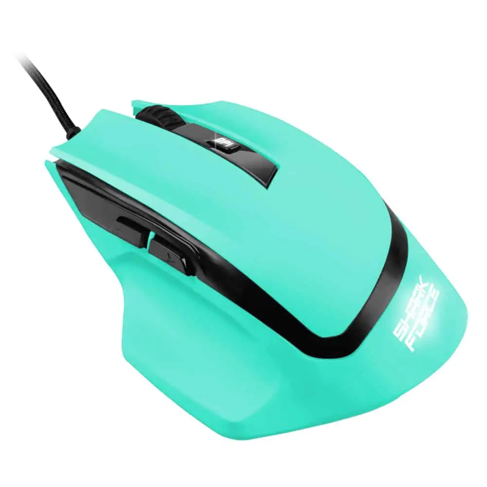 Sharkoon Shark force Game Mouse Mint, angled top view showing turquoise body with black accents, side buttons, and coiled cable