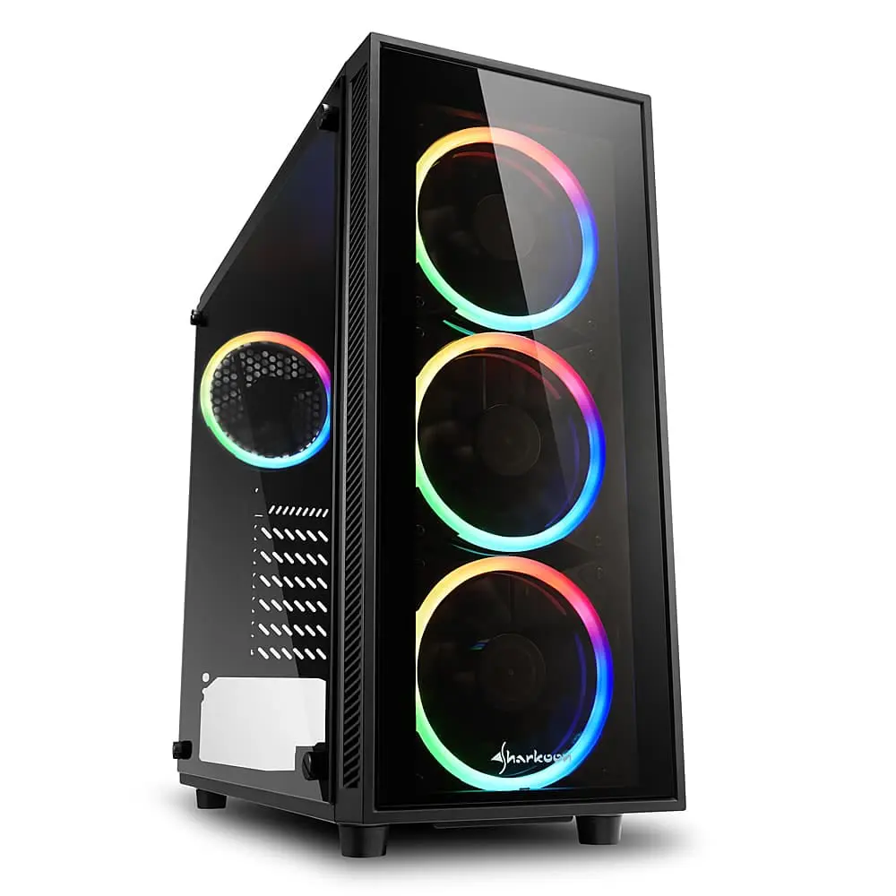 Sharkoon TG4 RGB gaming PC case front view with three RGB fans illuminated in rainbow colors, tempered glass panel, and ventilation mesh on black steel chassis