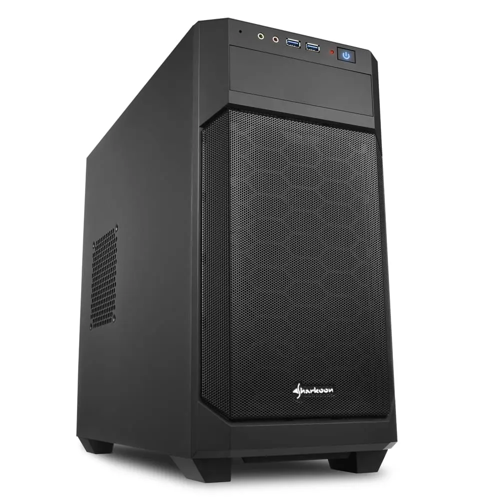Sharkoon V1000 Computer case front view with mesh panel, USB ports, audio jacks, and power button visible on top panel