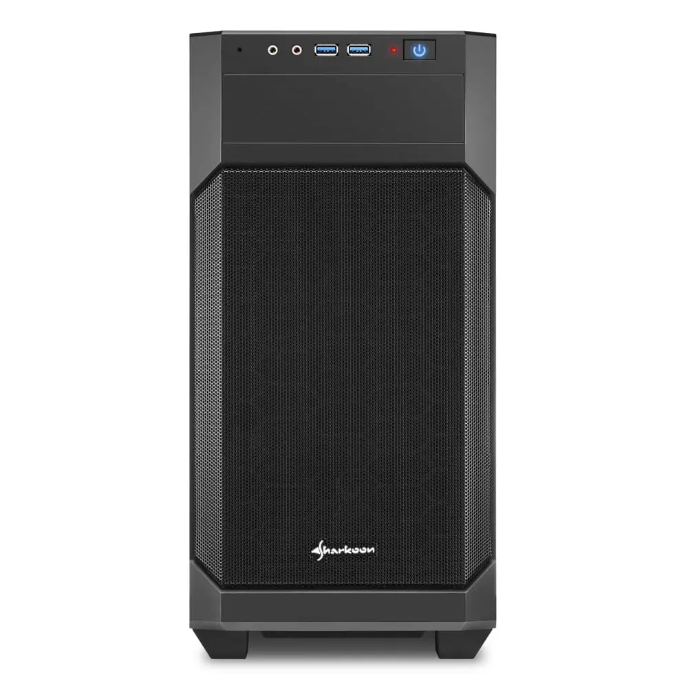 Sharkoon V1000 Computer case, front view showing black mesh panel with angular side vents, top I/O panel with audio jacks, USB 3.0 ports, and power button