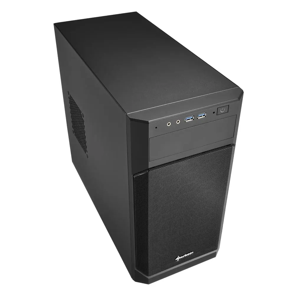 Sharkoon V1000 Computer case front view showing black steel tower chassis with ventilated mesh front panel, optical drive bay, dual USB ports, audio jacks, and power button