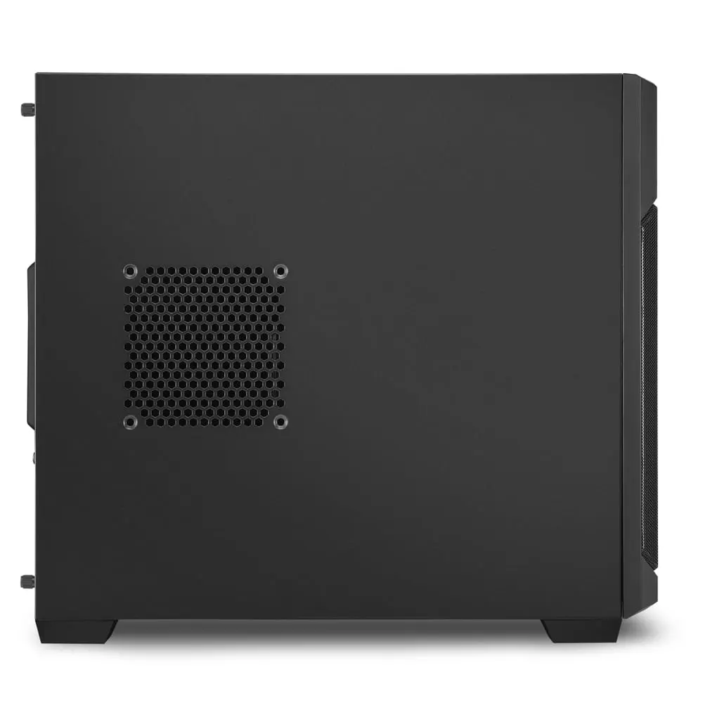 Sharkoon V1000 Computer case, front view showing perforated metal ventilation panel and cable management openings on black steel chassis