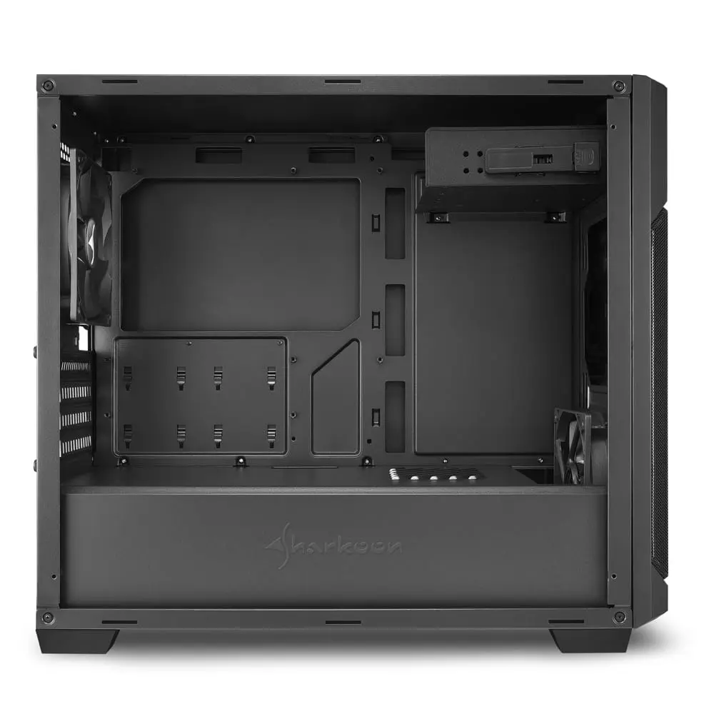 Sharkoon V1000 Computer case interior view showing empty chassis with drive bays, cable management area, and ventilation layout