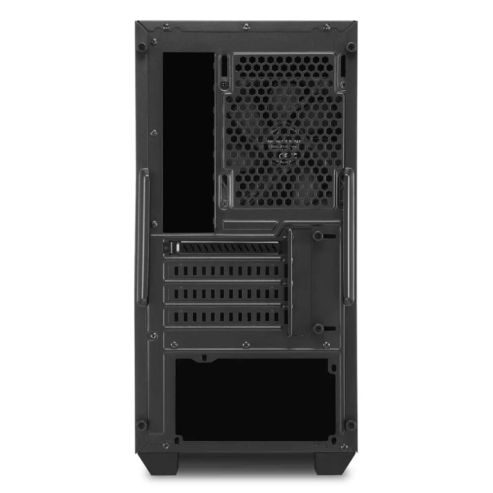 Sharkoon V1000 Computer case interior view showing perforated metal panel, expansion slots, and cable management area