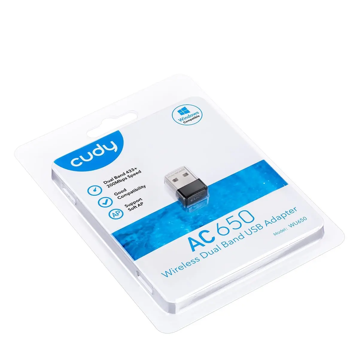 Cudy AC650 Wireless Dual Band USB Adapter WU650 in verpakking - voorkant met product zichtbaar, specificaties en Windows Compatible logo