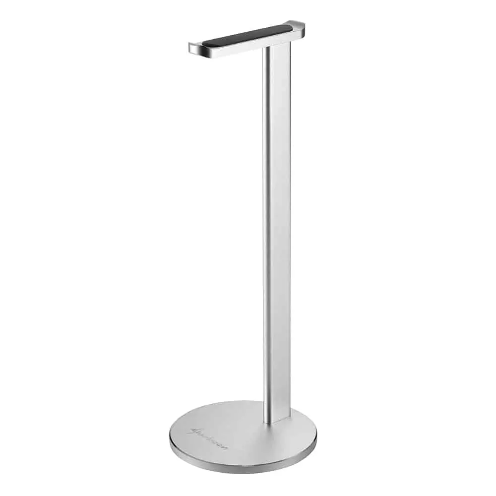 X-Rest ALU Headset holder – Frontal view showing silver aluminum stand with round base and horizontal top bar with black padding