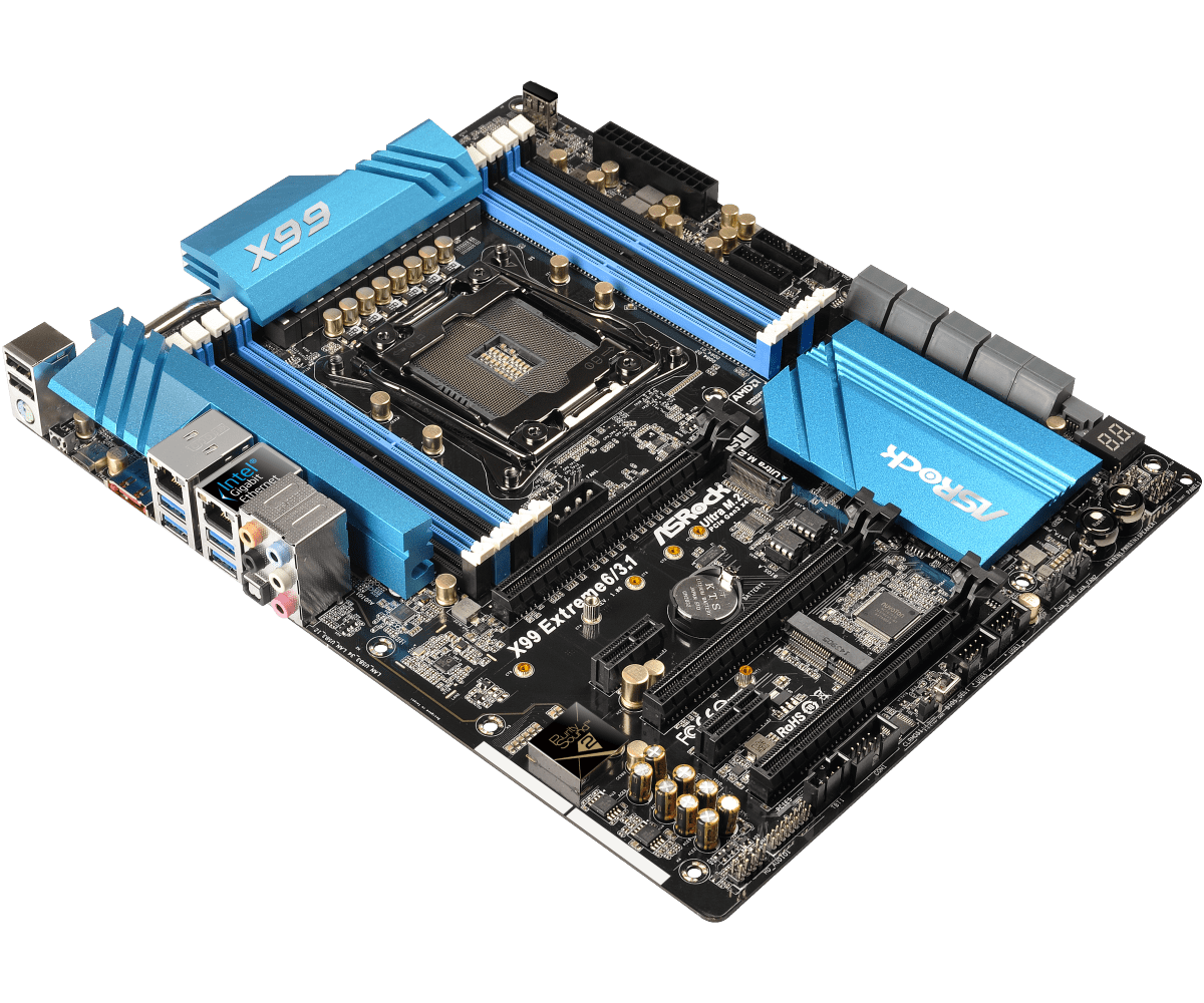 ASRock X99 Extreme6/3.1 socket 2011-3 moederbord, bovenaanzicht met blauwe RAM-koellichamen en CPU-socket zichtbaar