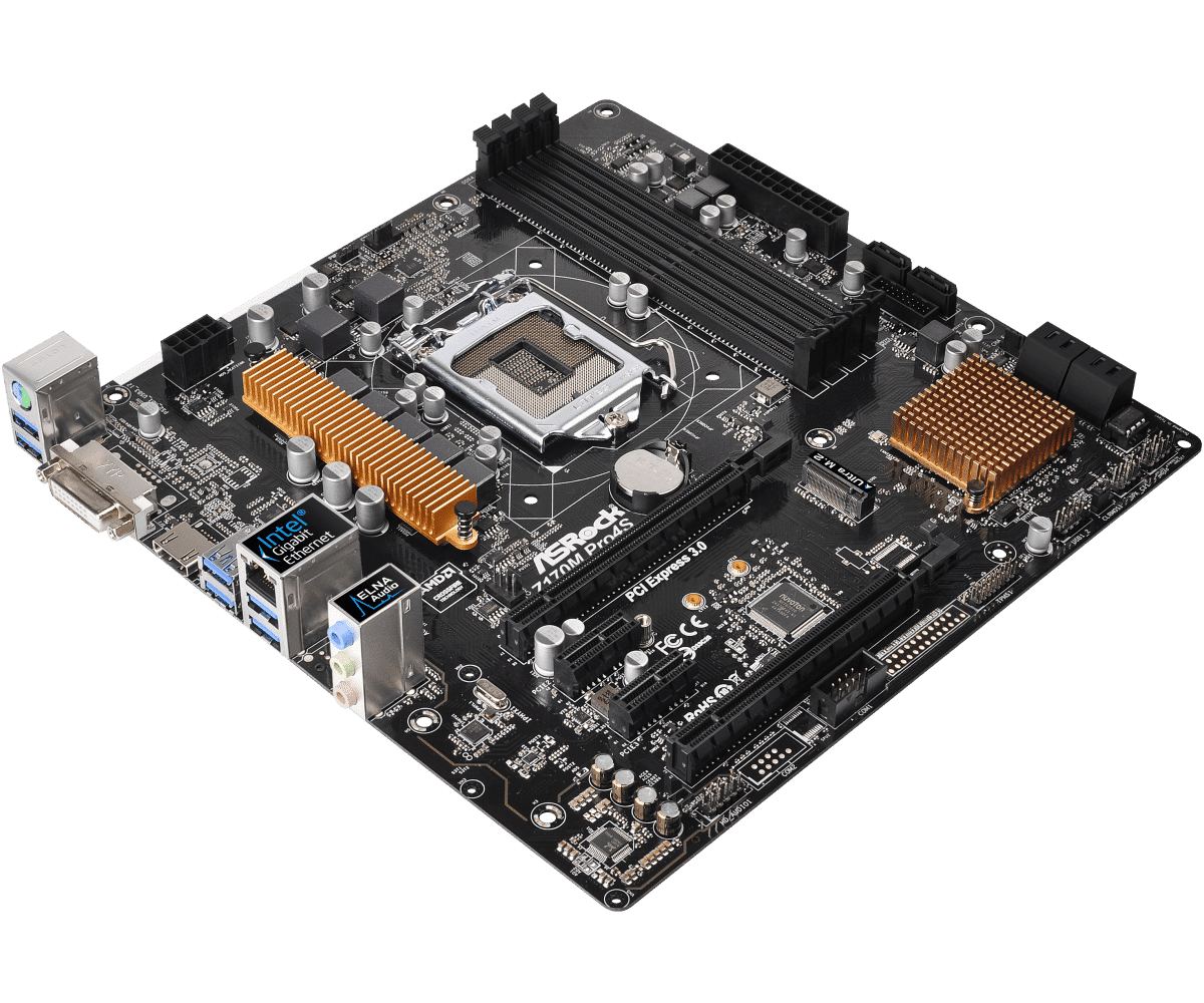 ASRock Z170M Pro4S motherboard top view showing CPU socket, RAM slots, heatsinks, and I/O ports