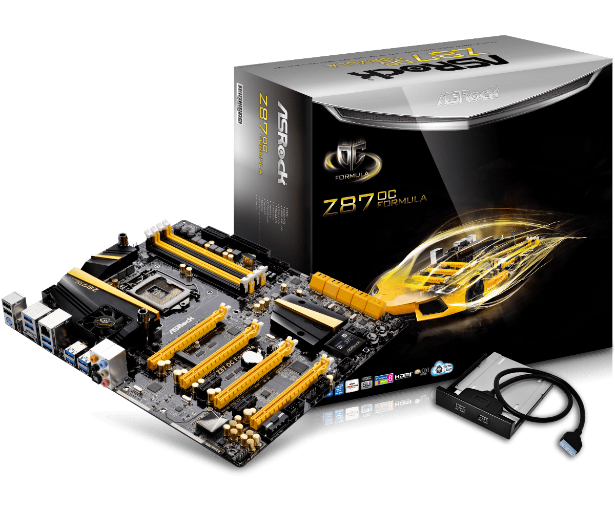 ASRock Z87 OC Formula LGA1150 motherboard product package contents including motherboard, box, and accessories displayed in three-quarter view